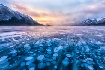 A frozen lake with bubbles in the water at Abraham Lake, Alberta. 